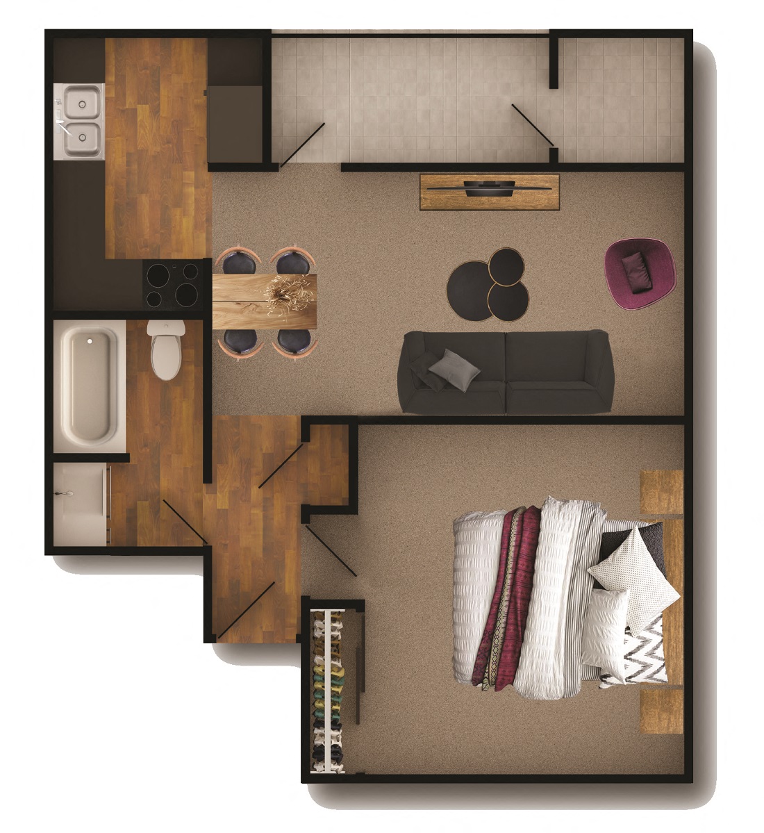 Floor plan for 1 bed, 1 bath, 640 sqft